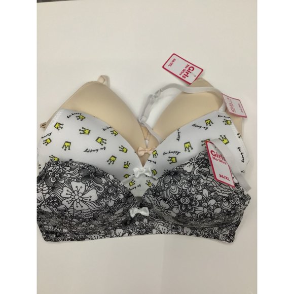GIRLS 3-PACK NWT BRAS 36/XL NO WIRE LIGHTLY PADDED. 1-BLACK/WHITE/FLORAL, 1-BEIG - Picture 1 of 11